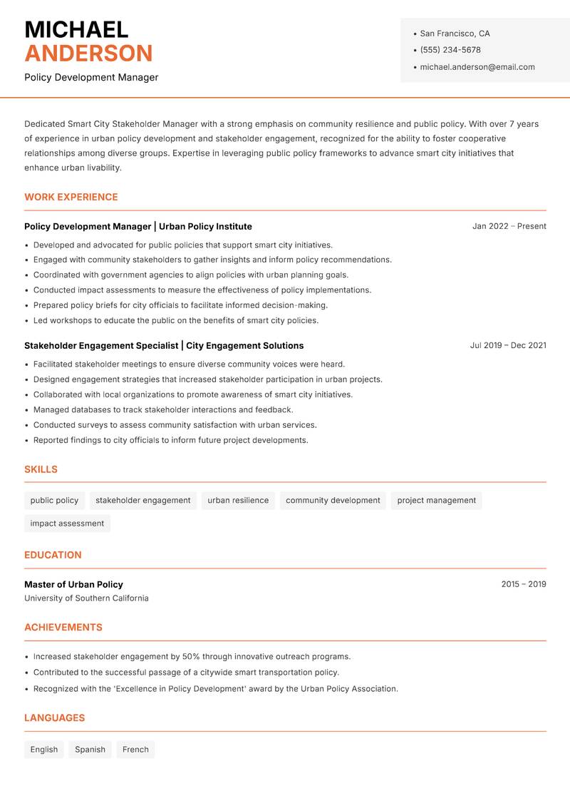 Smart City Stakeholder Manager Resume Template