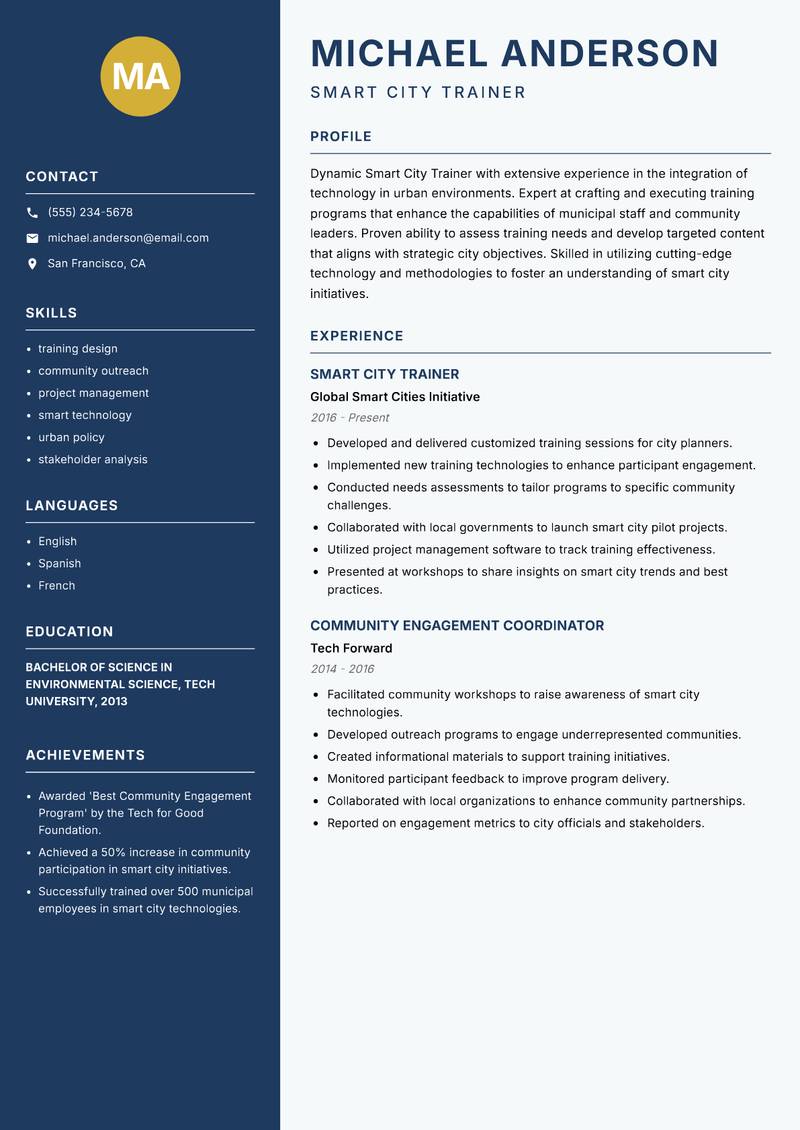 Smart City Trainer Resume Preview Example