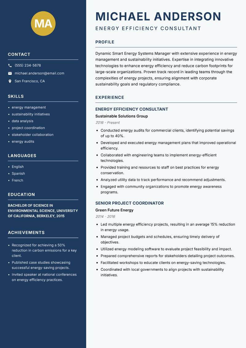 Smart Energy Systems Manager Resume Preview Example