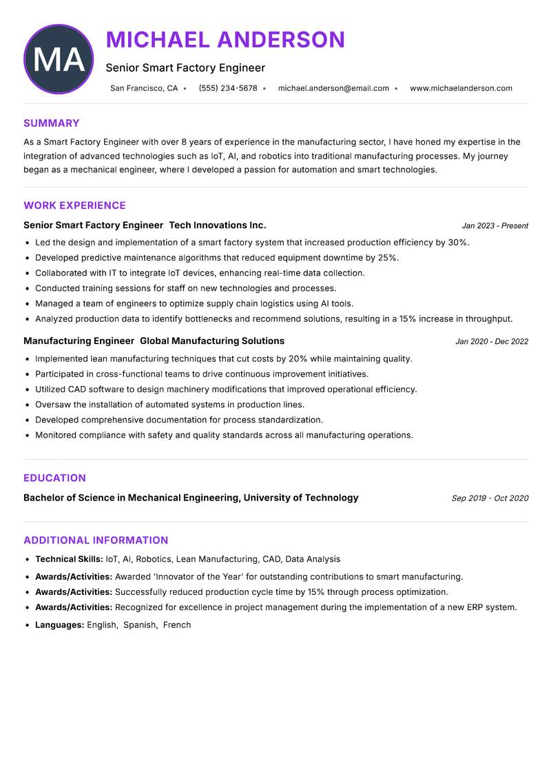 Smart Factory Engineer Resume Preview Example