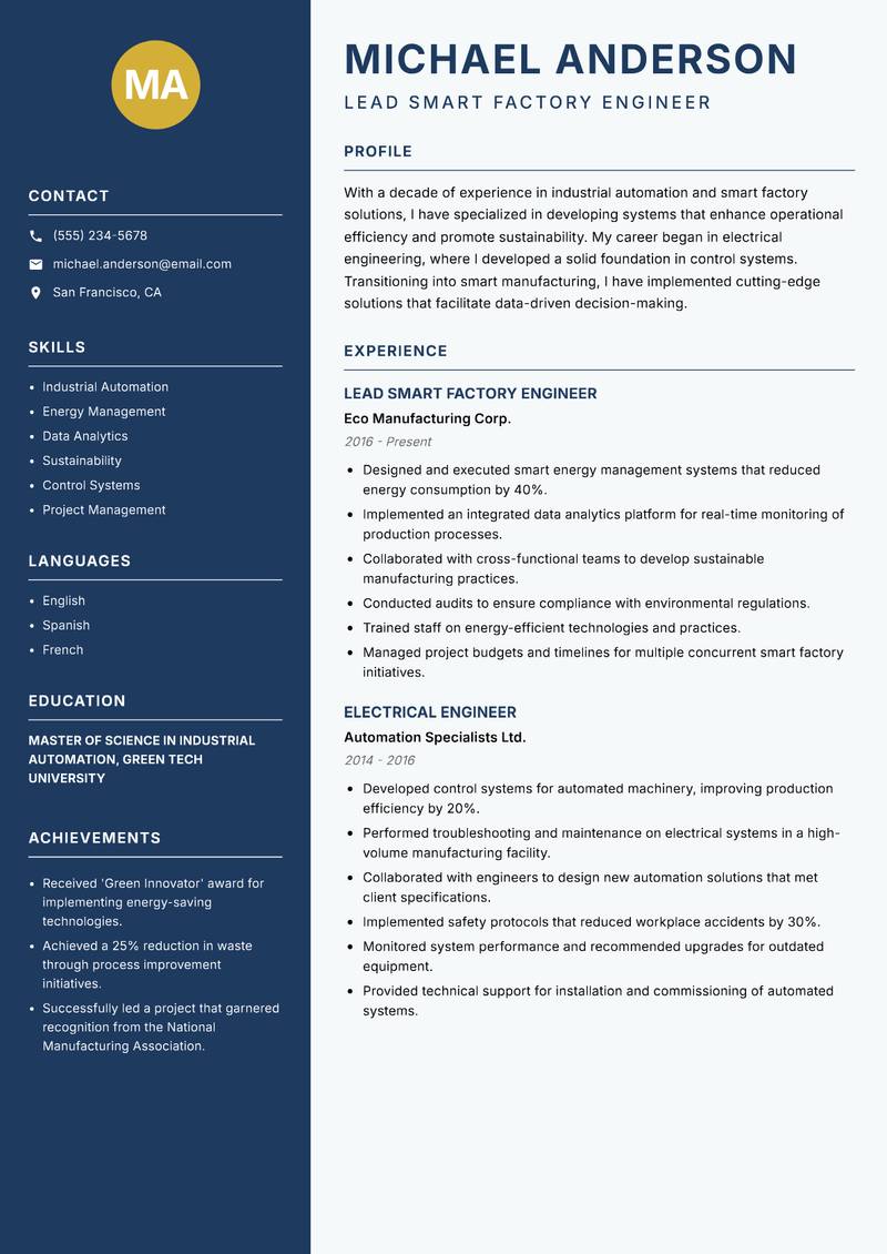Smart Factory Engineer Resume Preview Example