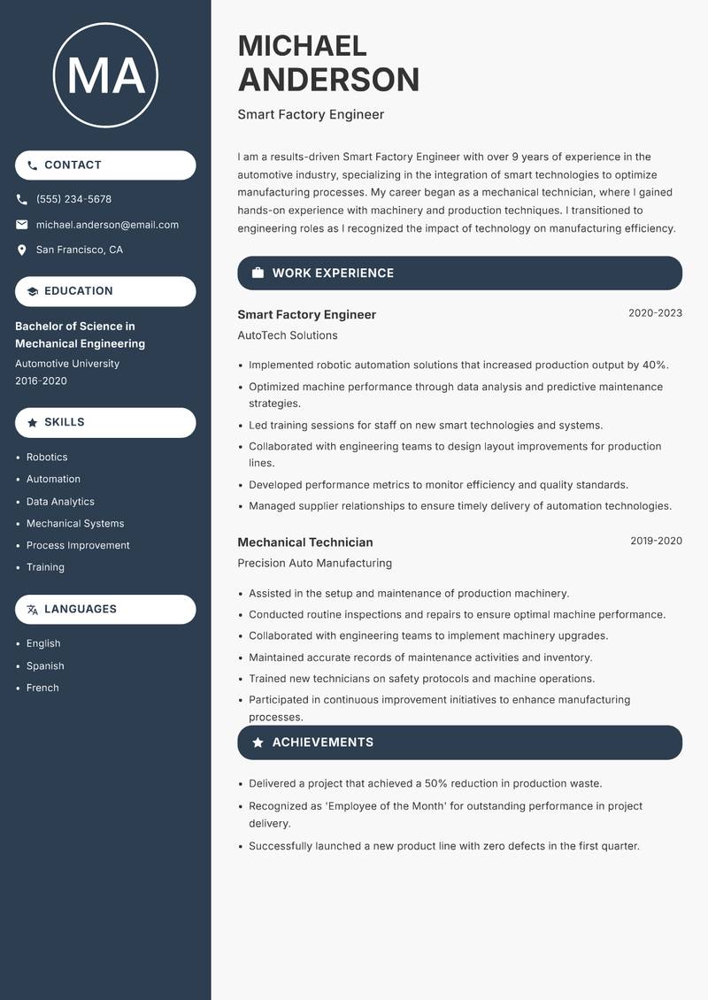 Smart Factory Engineer Resume Preview Example