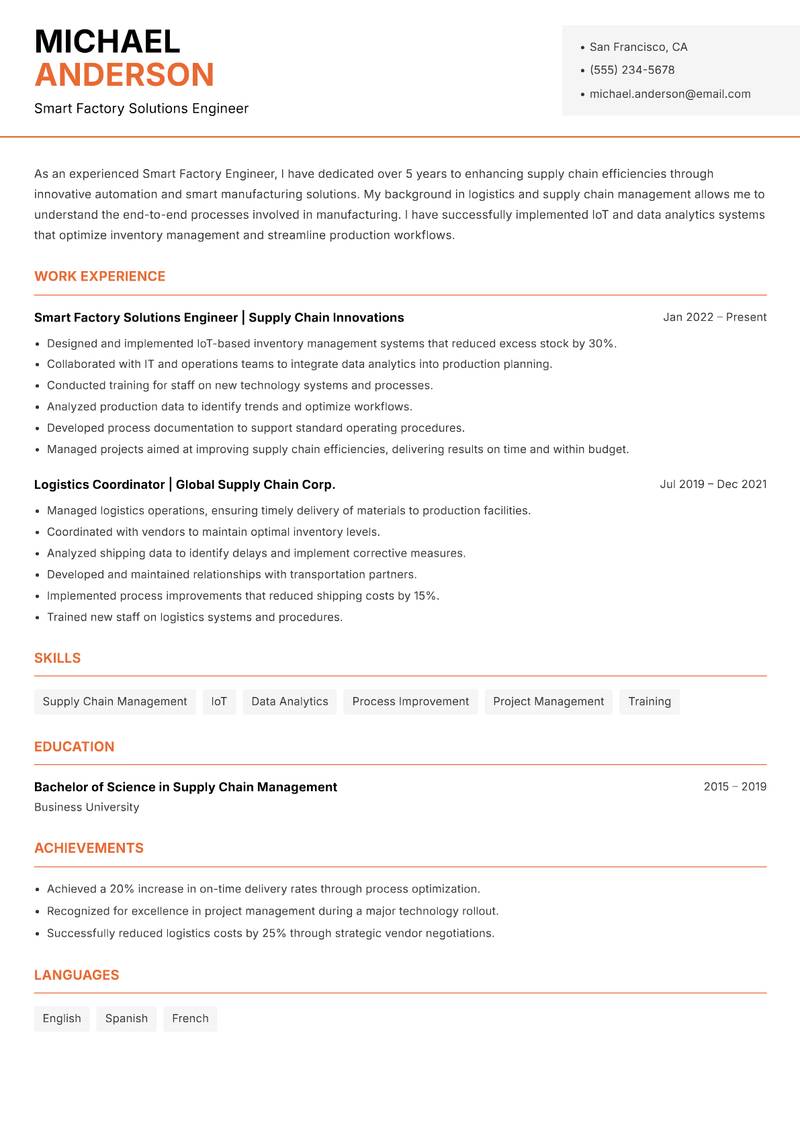 Smart Factory Engineer Resume Template