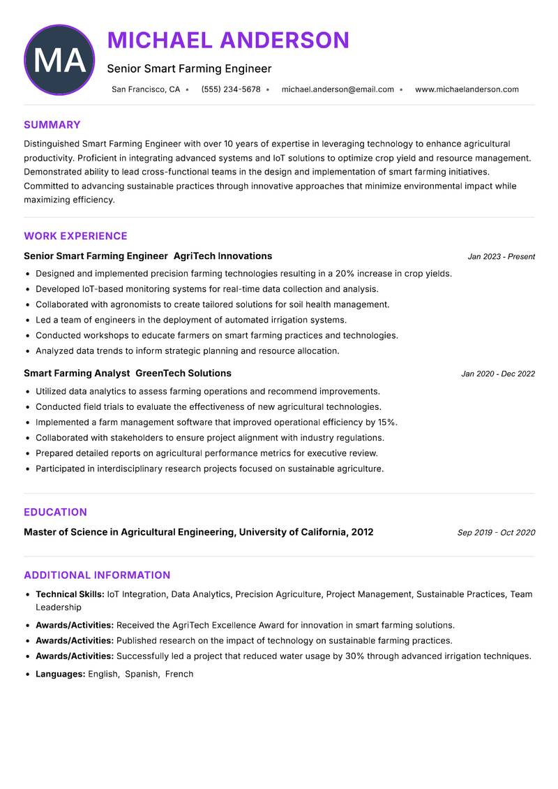 Smart Farming Engineer Resume Preview Example