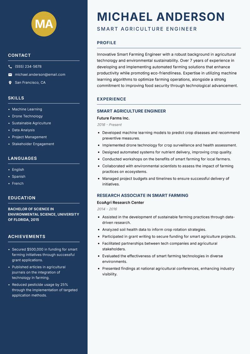Smart Farming Engineer Resume Preview Example