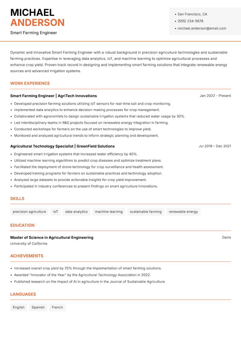 Smart Farming Engineer Resume Template