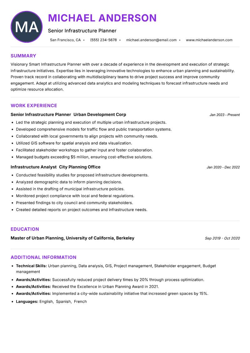 Smart Infrastructure Planner Resume Preview Example