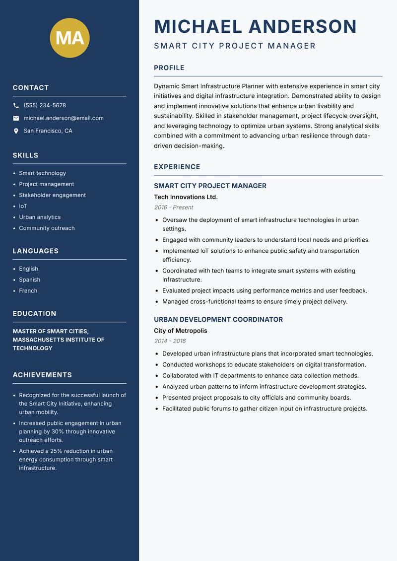 Smart Infrastructure Planner Resume Preview Example