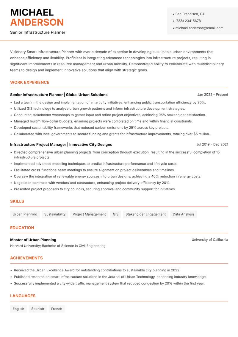 Smart Infrastructure Planner Resume Template