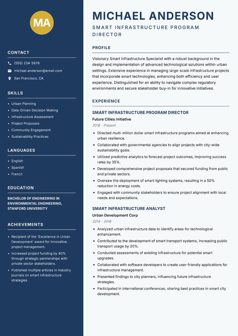 Smart Infrastructure Specialist Resume Preview Example