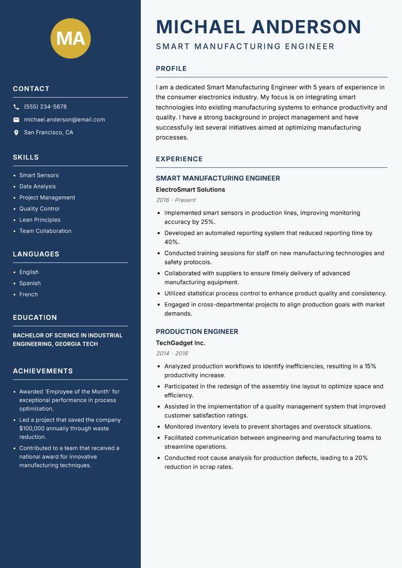 Smart Manufacturing Engineer Resume Preview Example