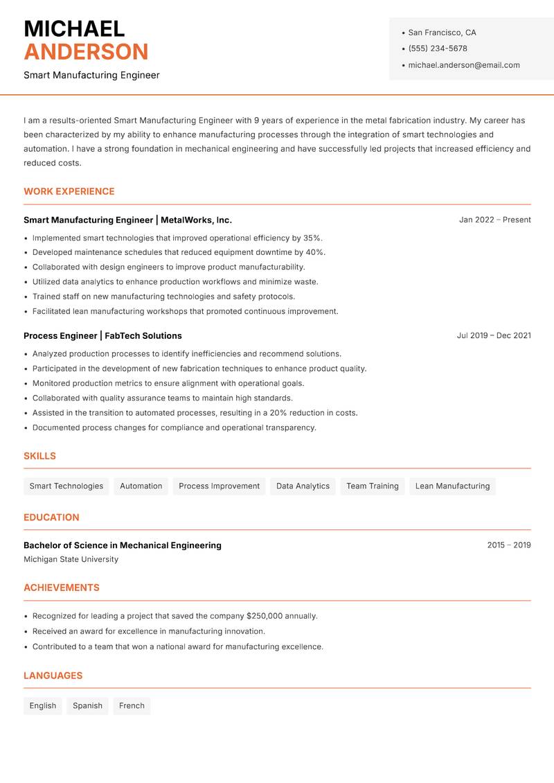 Smart Manufacturing Engineer Resume Template