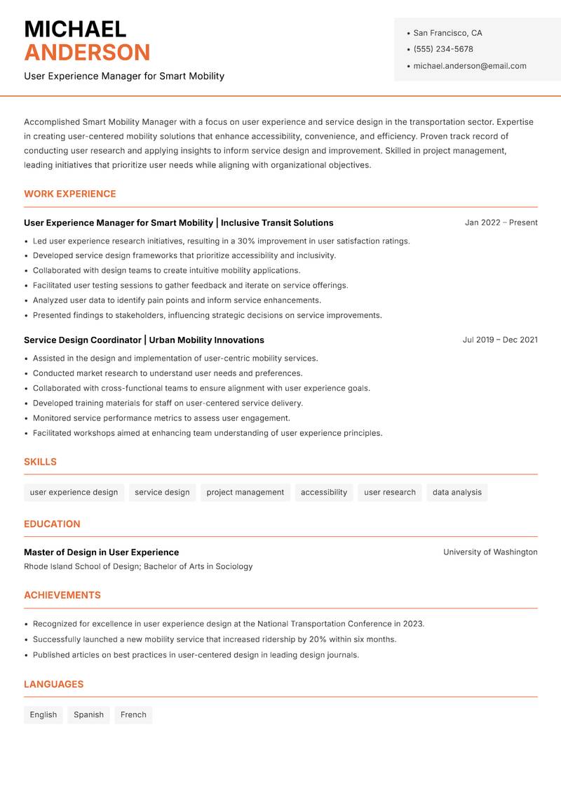Smart Mobility Manager Resume Template