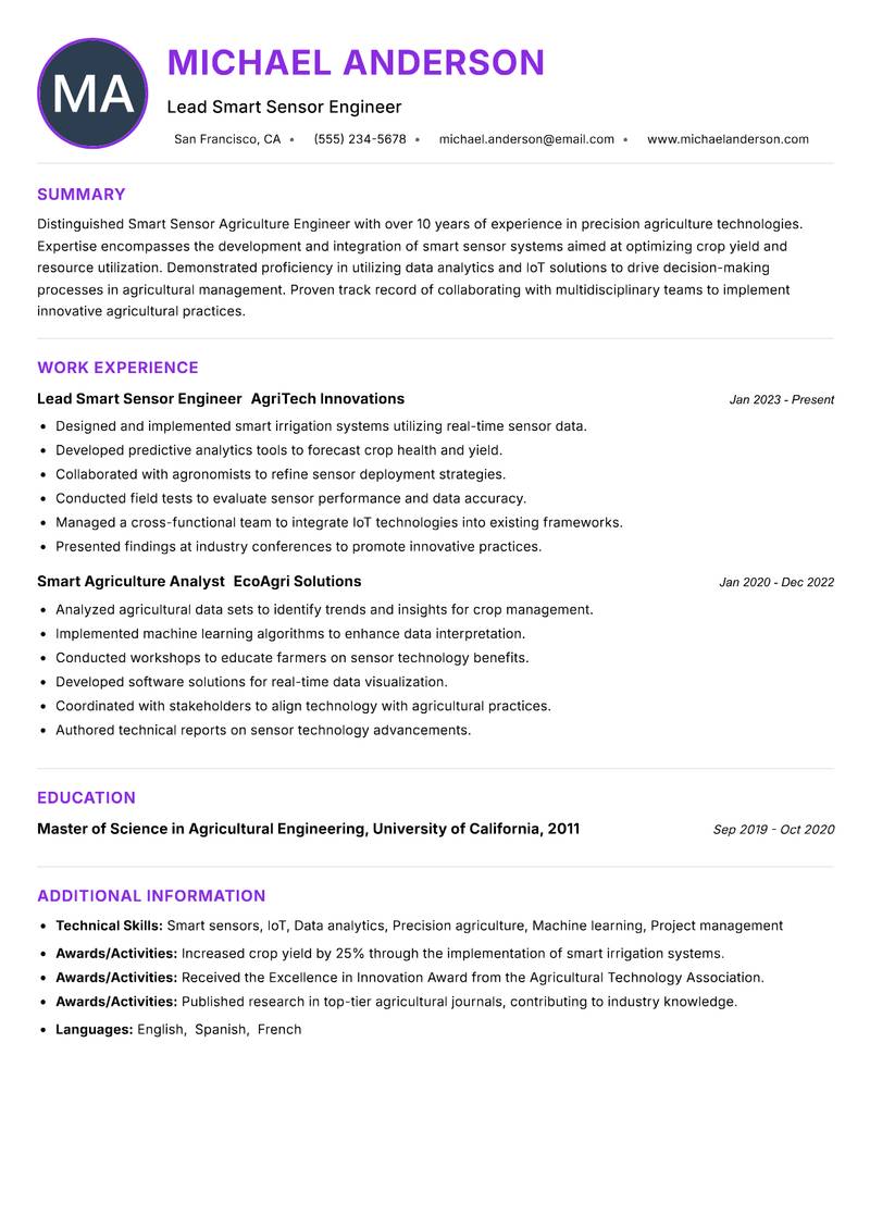 Smart Sensor Agriculture Engineer Resume Preview Example