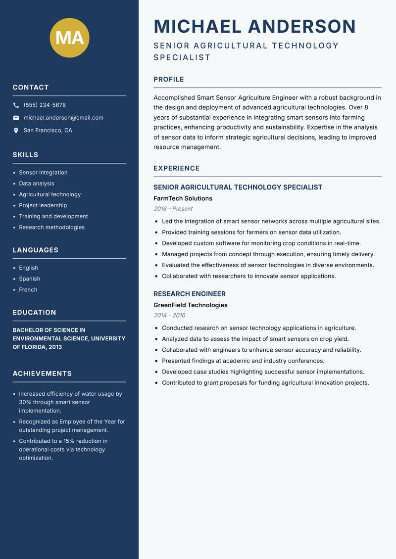 Smart Sensor Agriculture Engineer Resume Preview Example