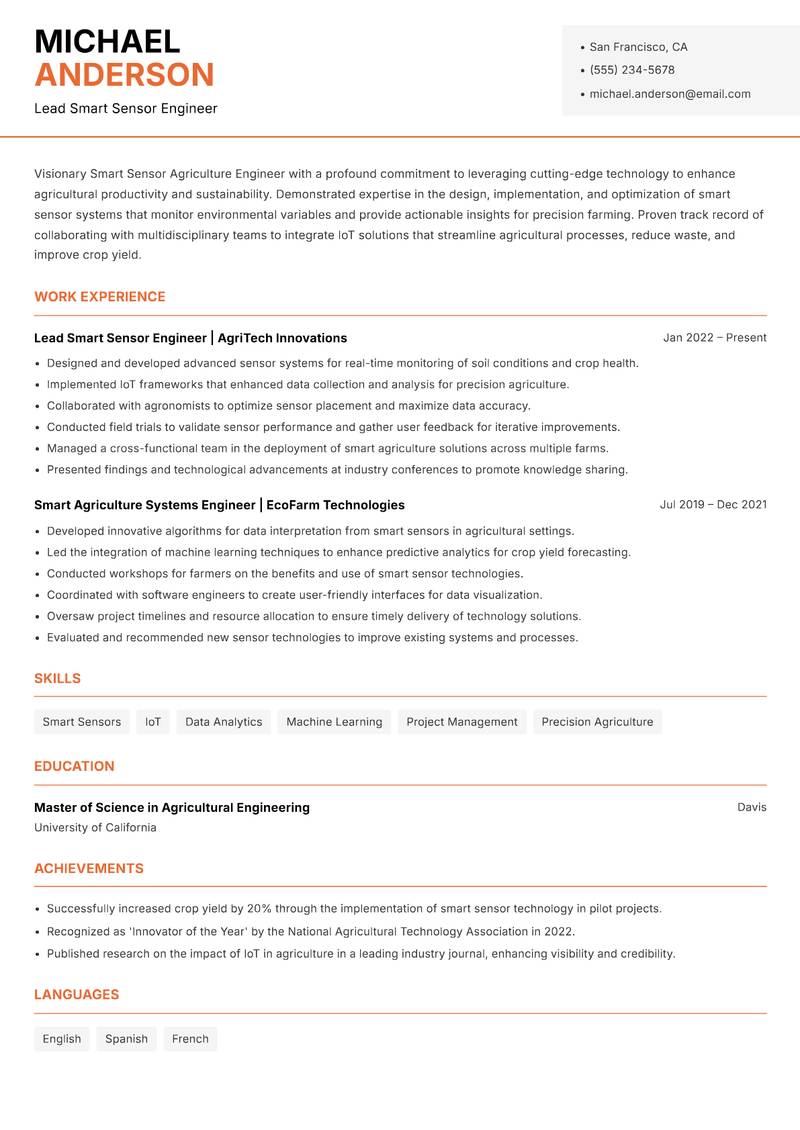 Smart Sensor Agriculture Engineer Resume Template