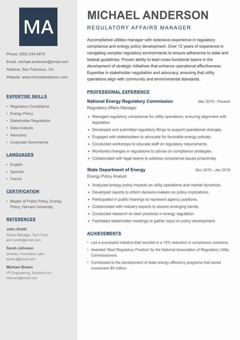 Smart Utilities Manager Resume Preview Example