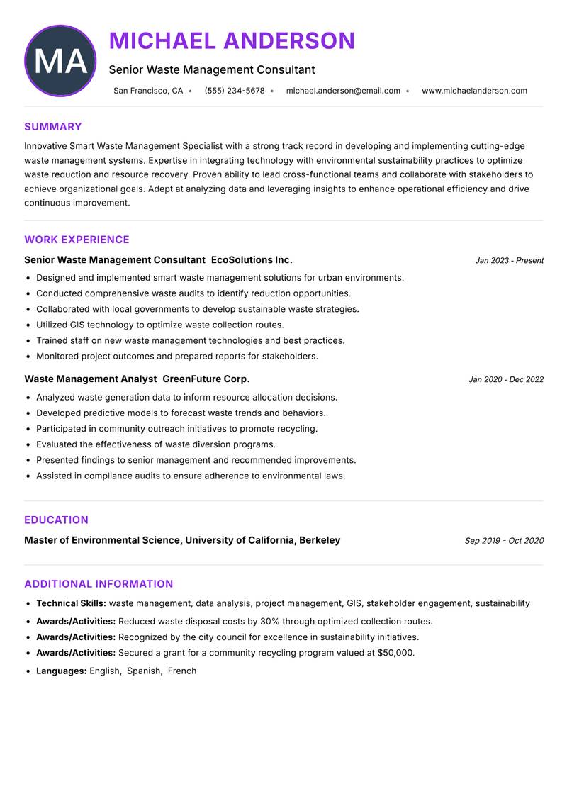 Smart Waste Management Specialist Resume Preview Example