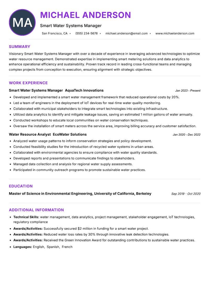 Smart Water Systems Manager Resume Preview Example
