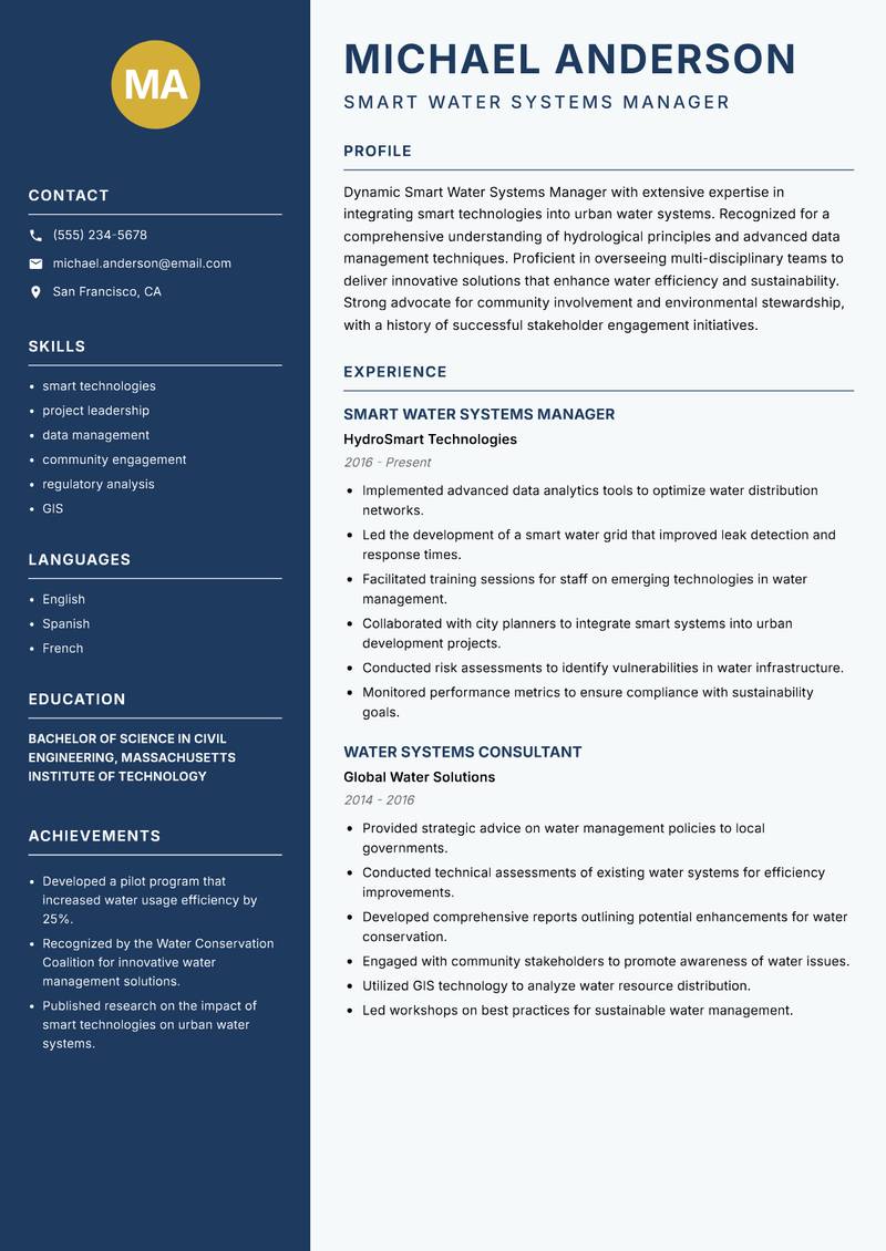 Smart Water Systems Manager Resume Preview Example