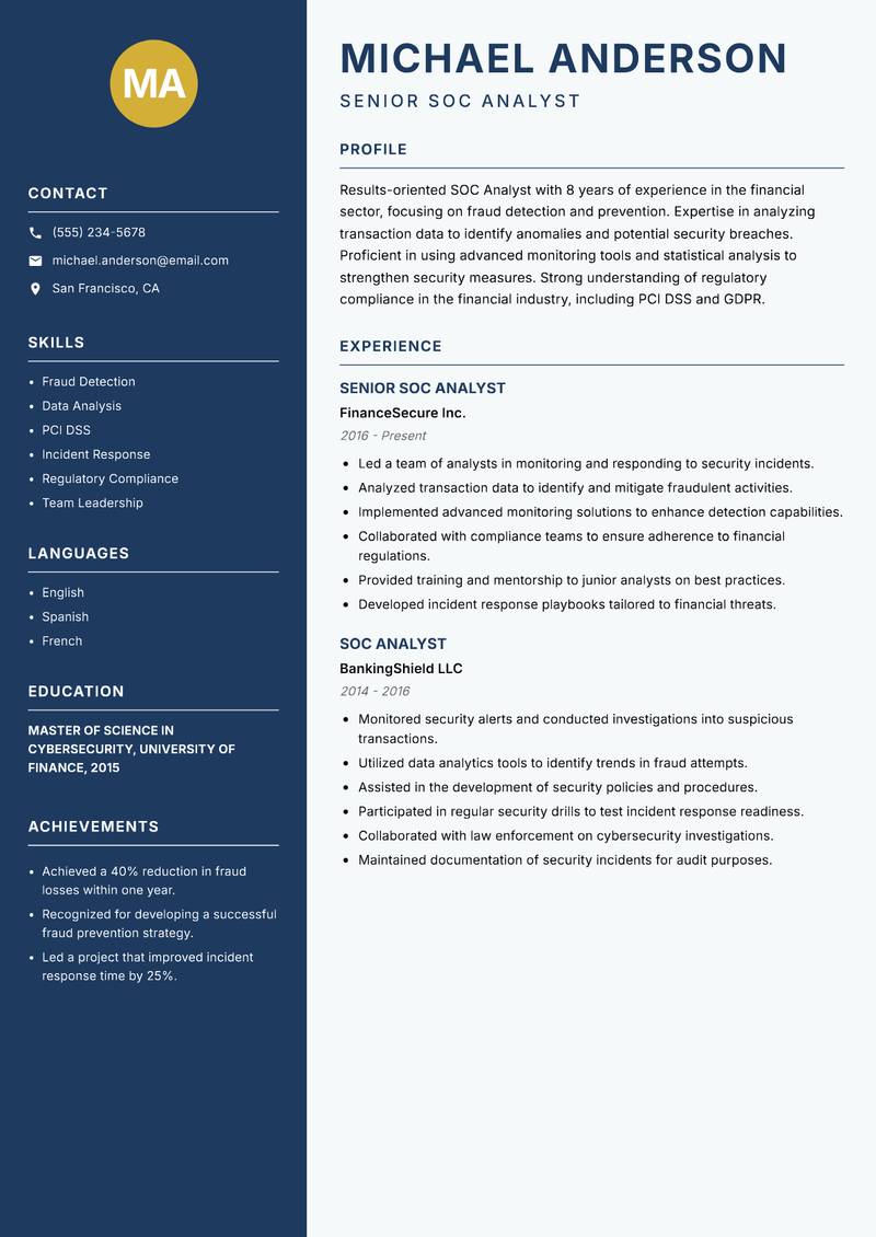 SOC Analyst Resume Preview Example