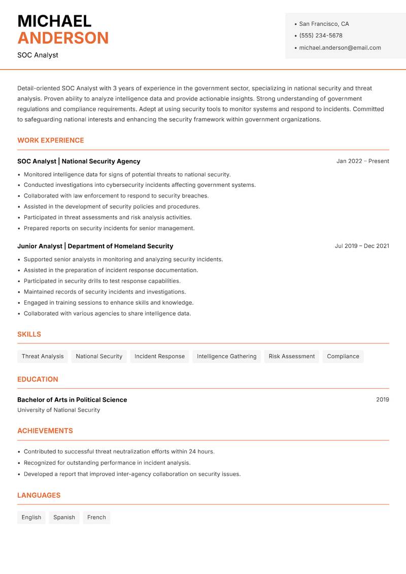 SOC Analyst Resume Template
