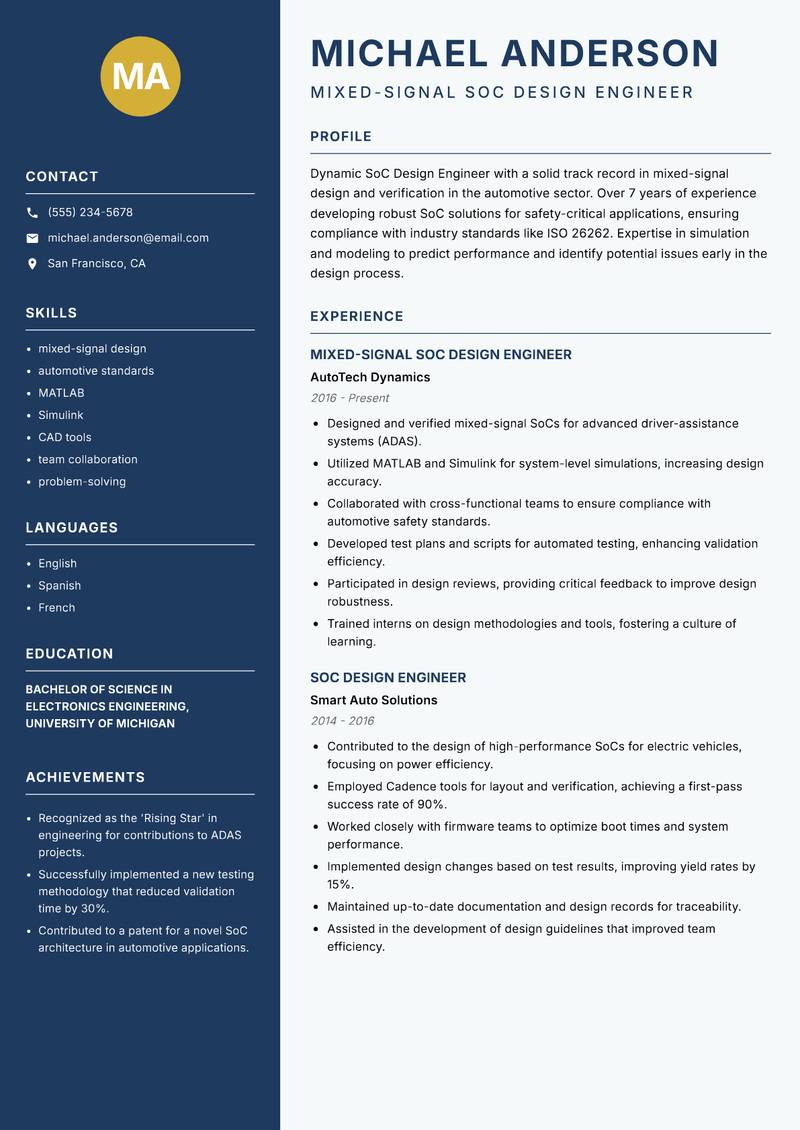 SoC Design Engineer Resume Preview Example