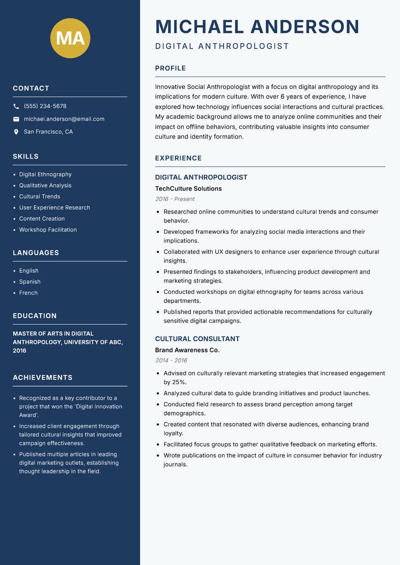 Social Anthropologist Resume Preview Example