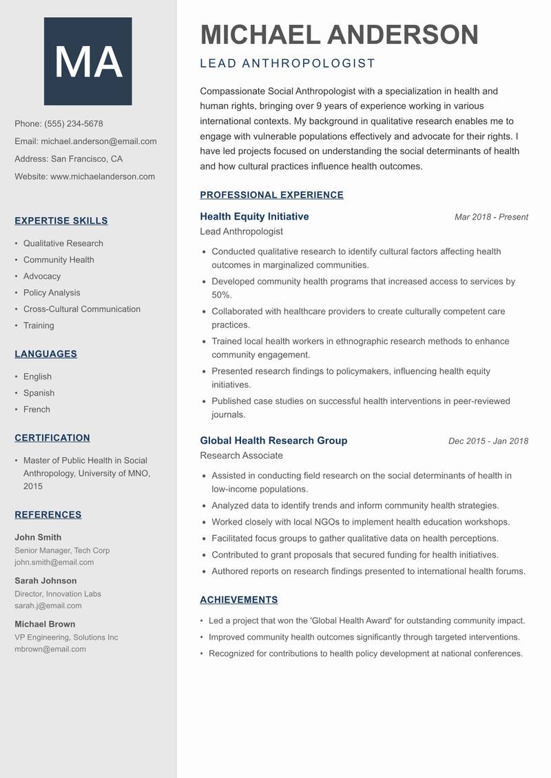 Social Anthropologist Resume Preview Example