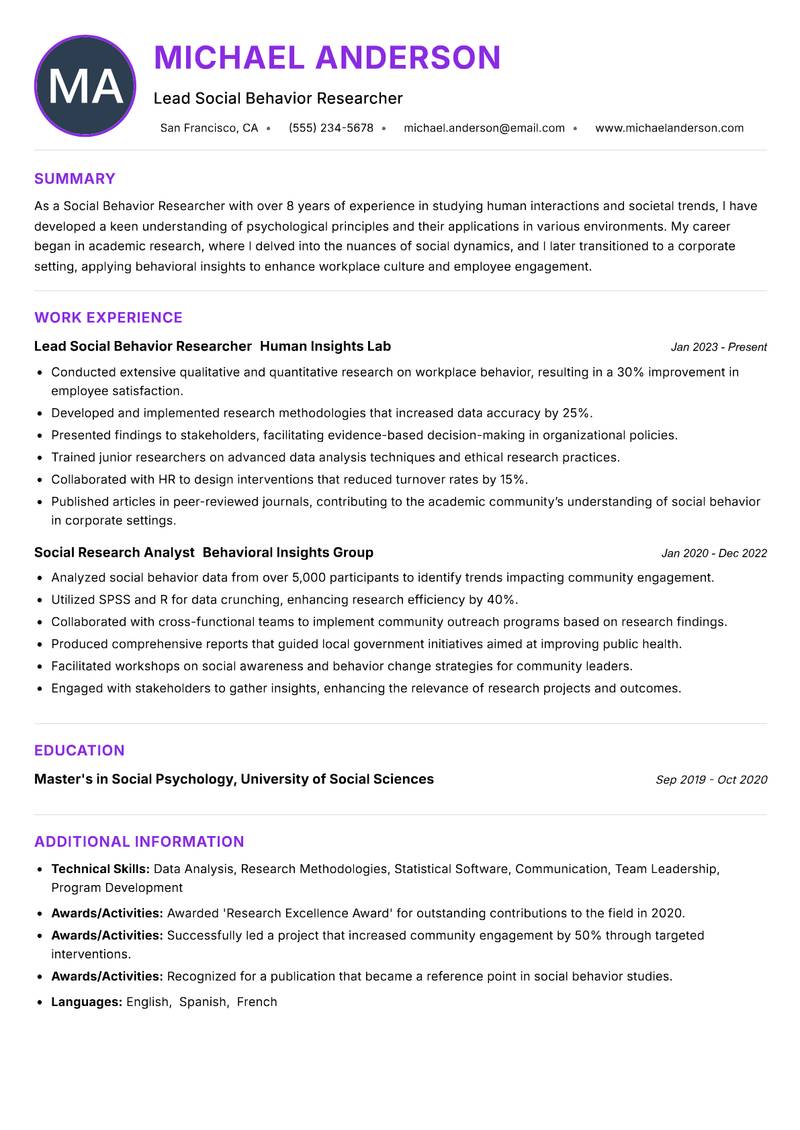 Social Behavior Researcher Resume Preview Example