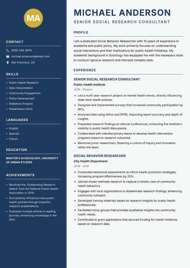 Social Behavior Researcher Resume Preview Example