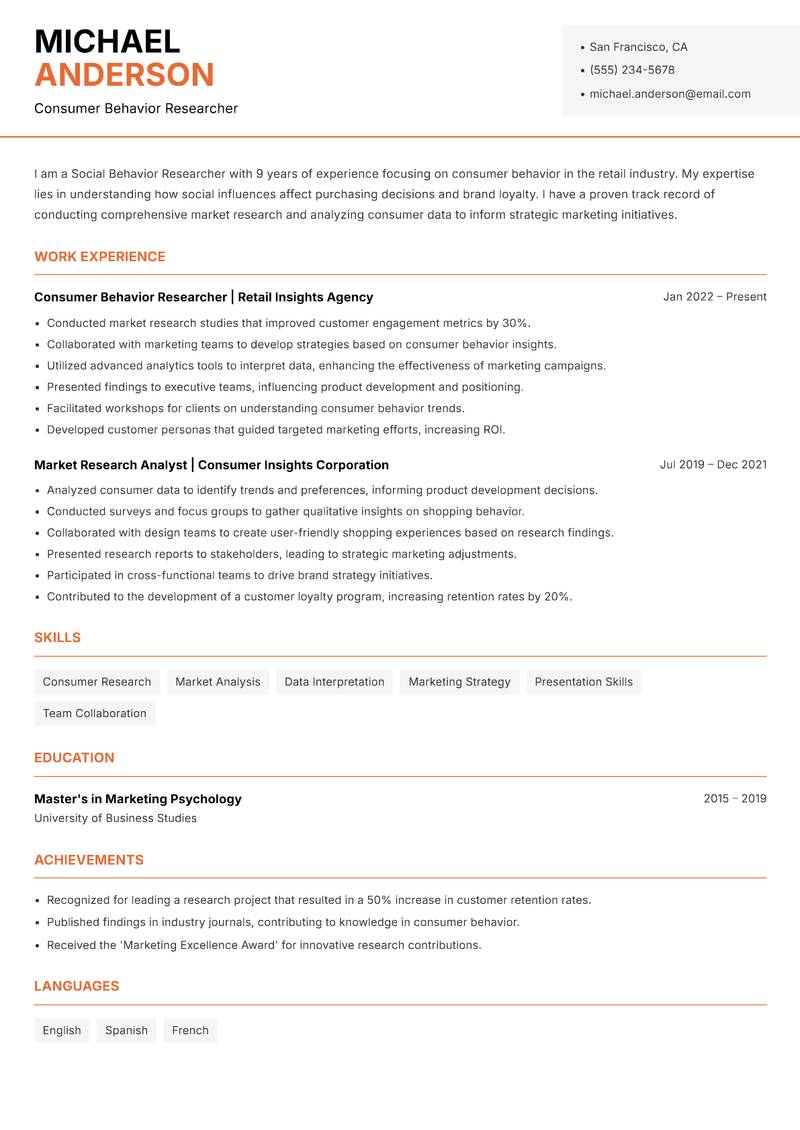 Social Behavior Researcher Resume Template