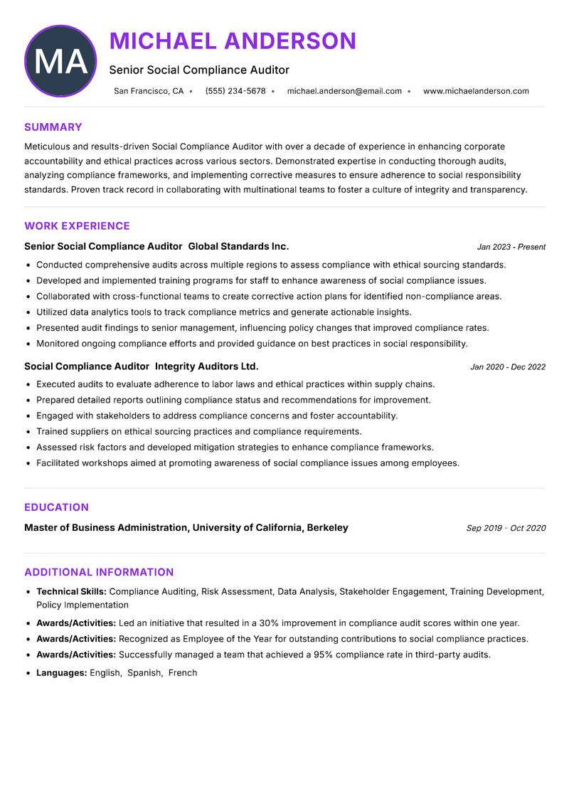 Social Compliance Auditor Resume Preview Example