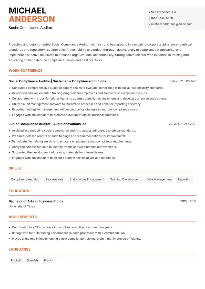 Social Compliance Auditor Resume Template