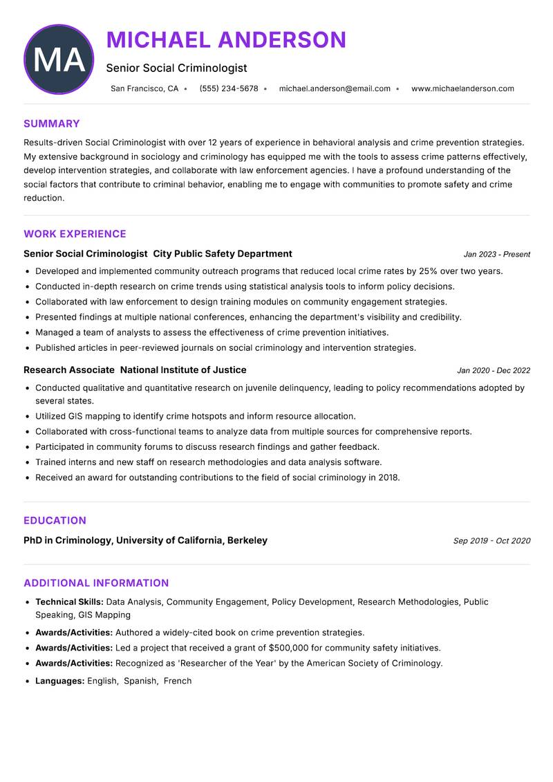 Social Criminologist Resume Preview Example