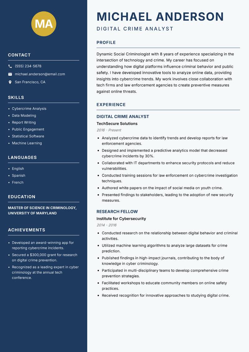 Social Criminologist Resume Preview Example