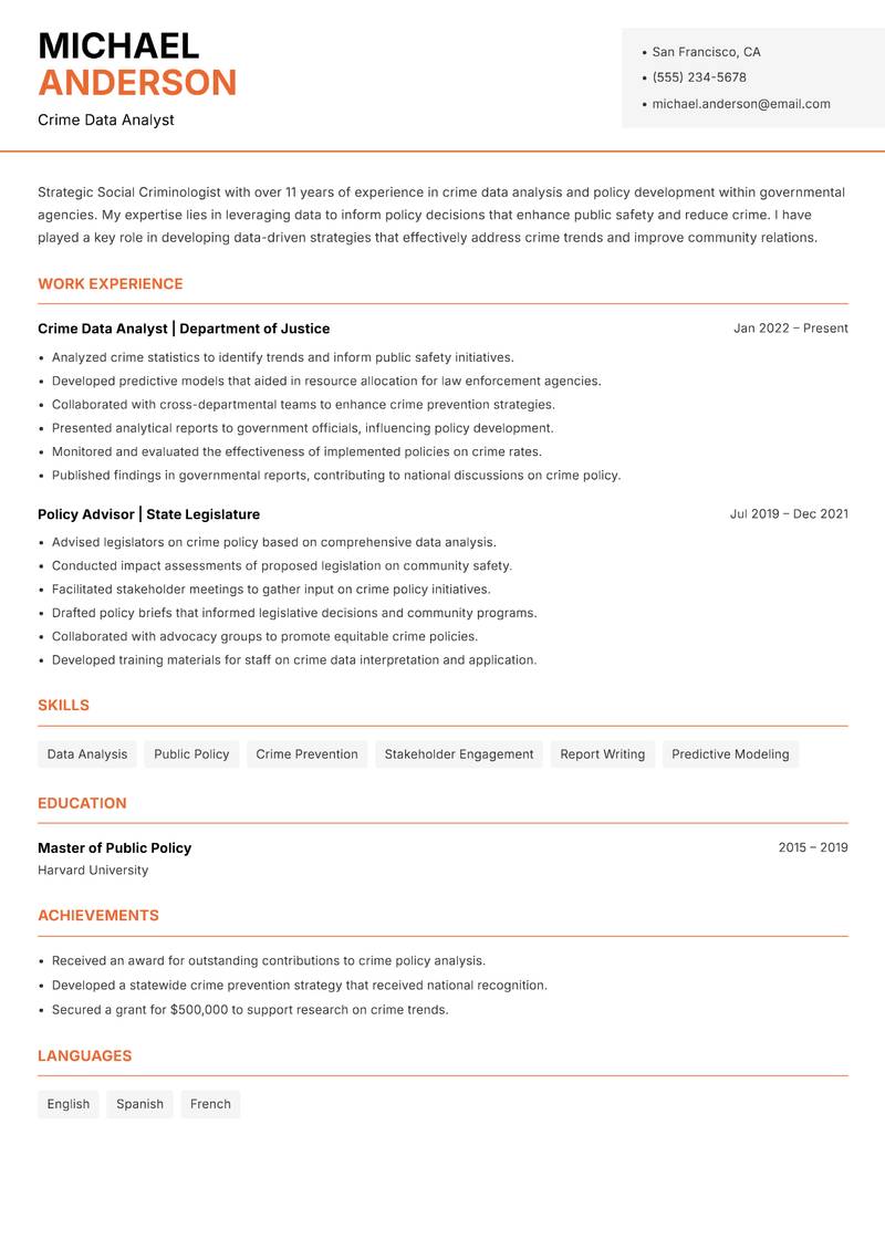 Social Criminologist Resume Template