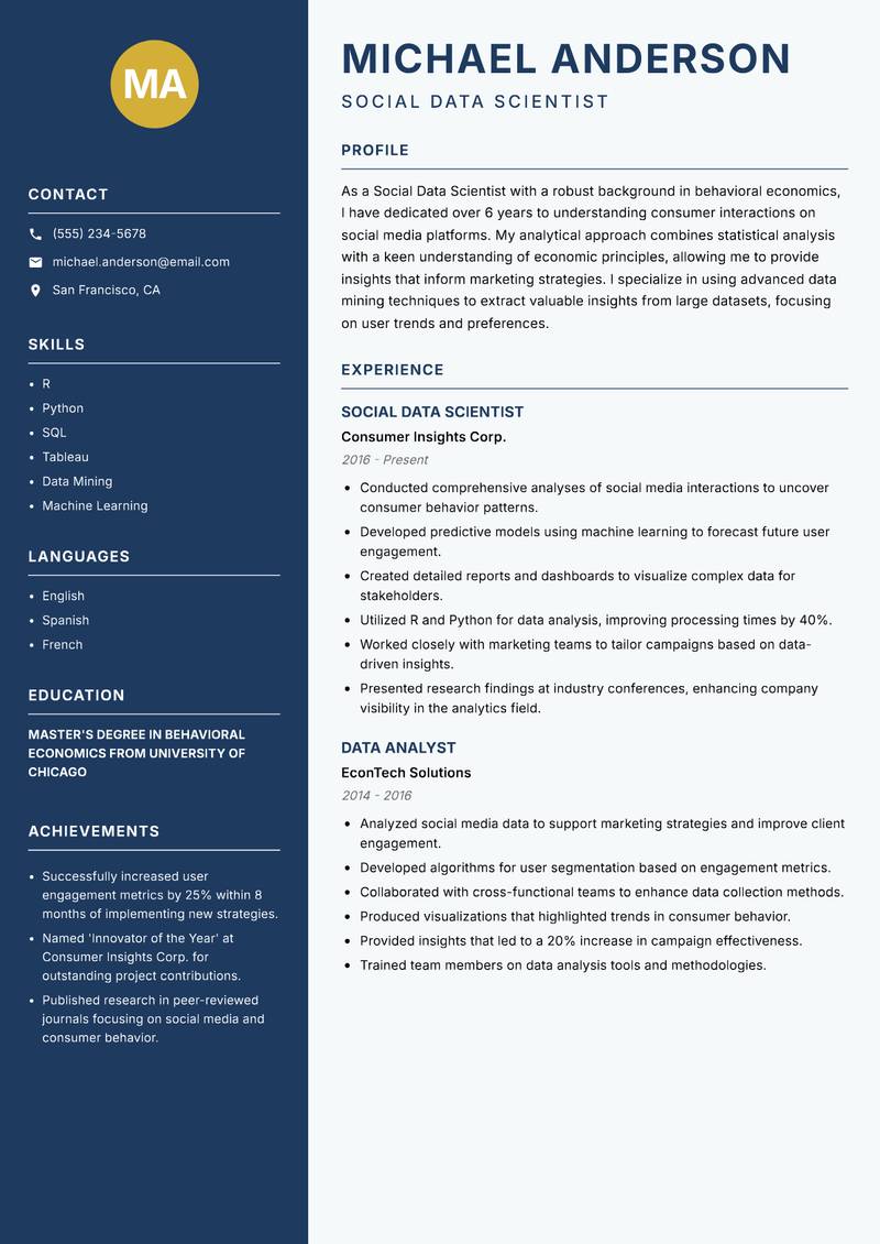 Social Data Scientist Resume Preview Example