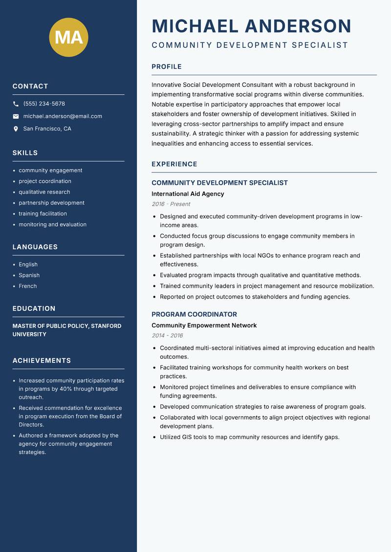 Social Development Consultant Resume Preview Example