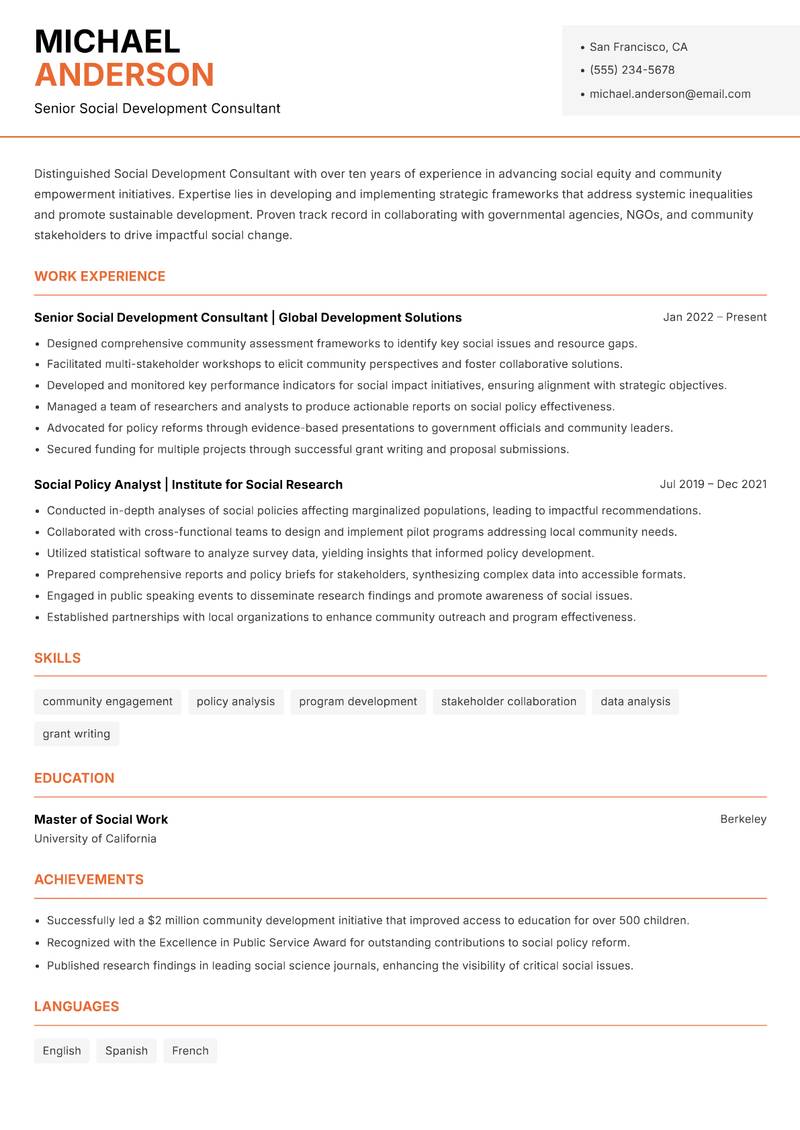 Social Development Consultant Resume Template