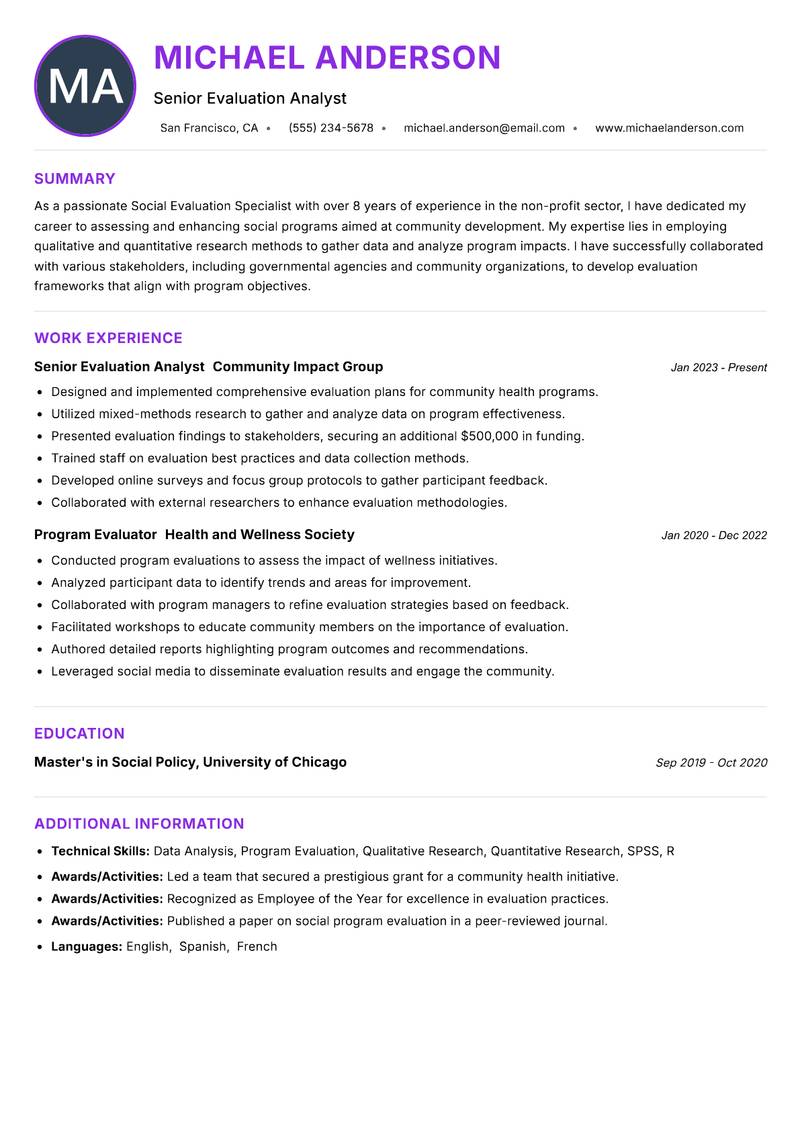 Social Evaluation Specialist Resume Preview Example
