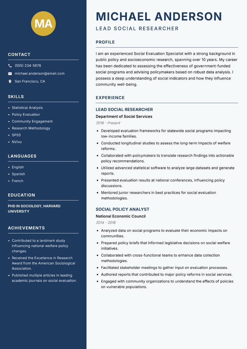 Social Evaluation Specialist Resume Preview Example