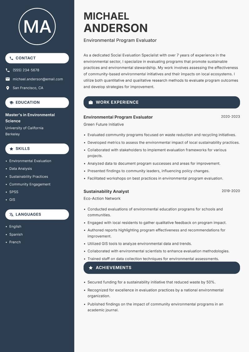 Social Evaluation Specialist Resume Preview Example