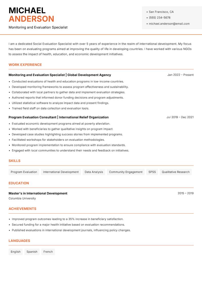 Social Evaluation Specialist Resume Template