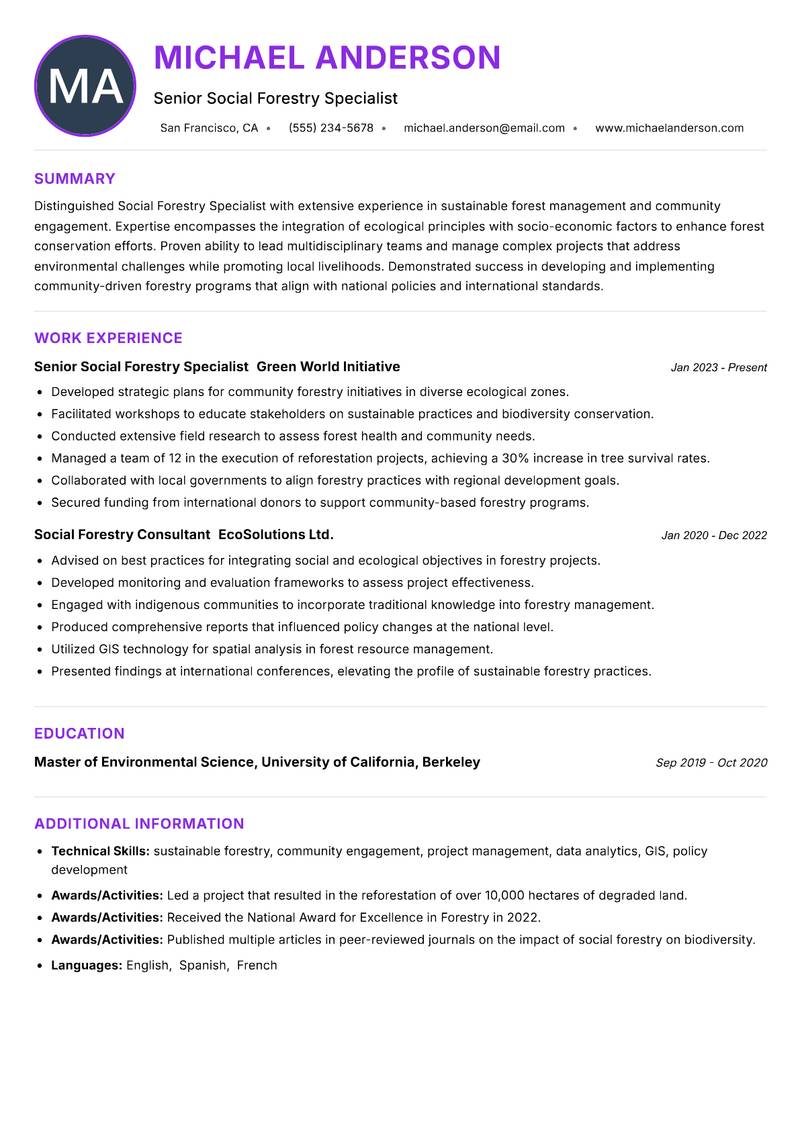 Social Forestry Specialist Resume Preview Example