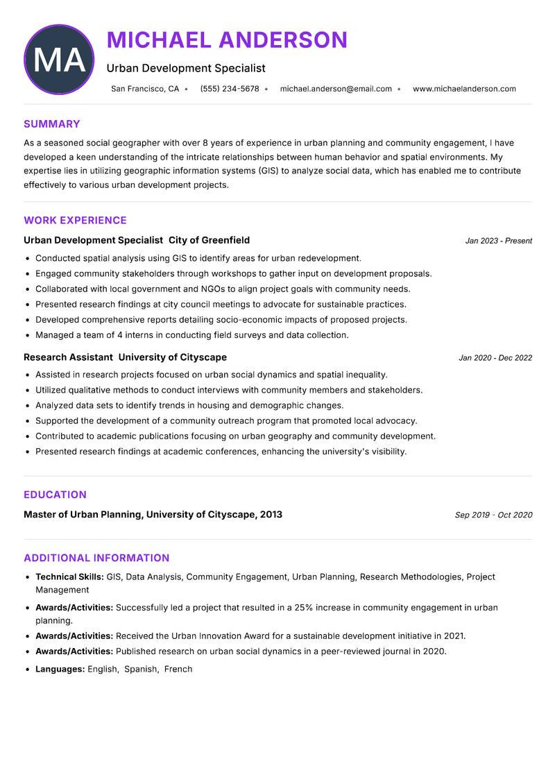 Social Geographer Resume Preview Example