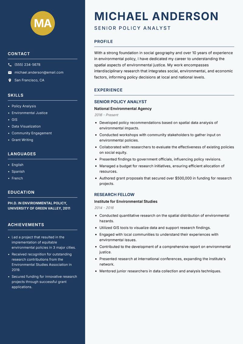 Social Geographer Resume Preview Example