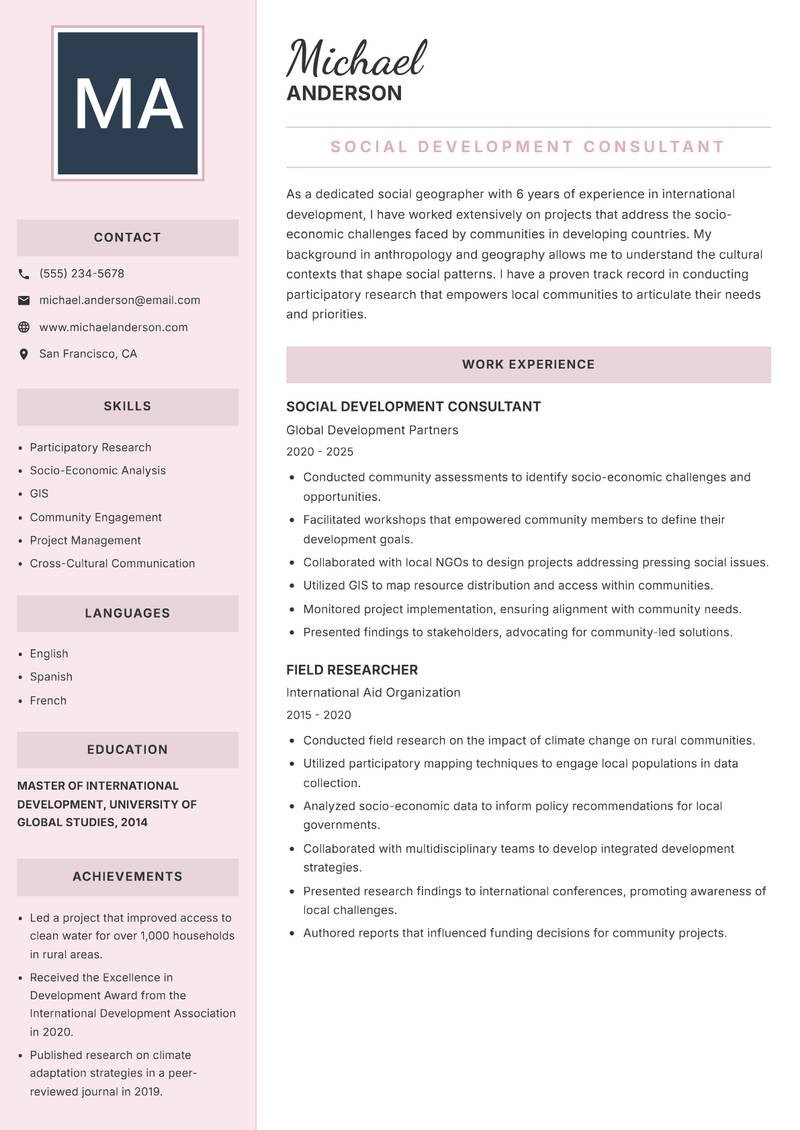 Social Geographer Resume Preview Example