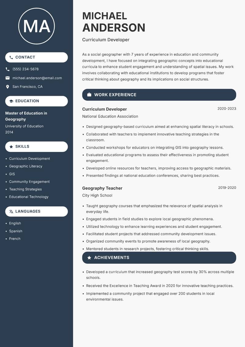 Social Geographer Resume Preview Example