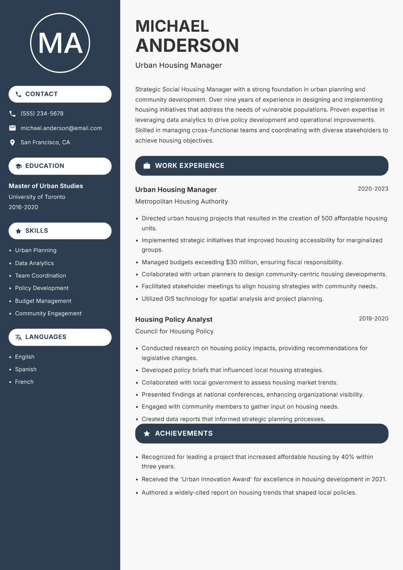 Social Housing Manager Resume Preview Example